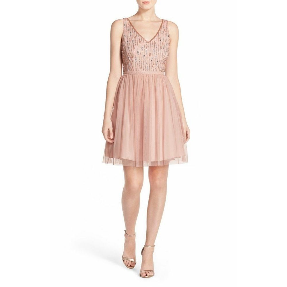 New! ADRIANNA PAPELL Women's Jeweled Beaded Tulle Dress Size 12 Color Blush